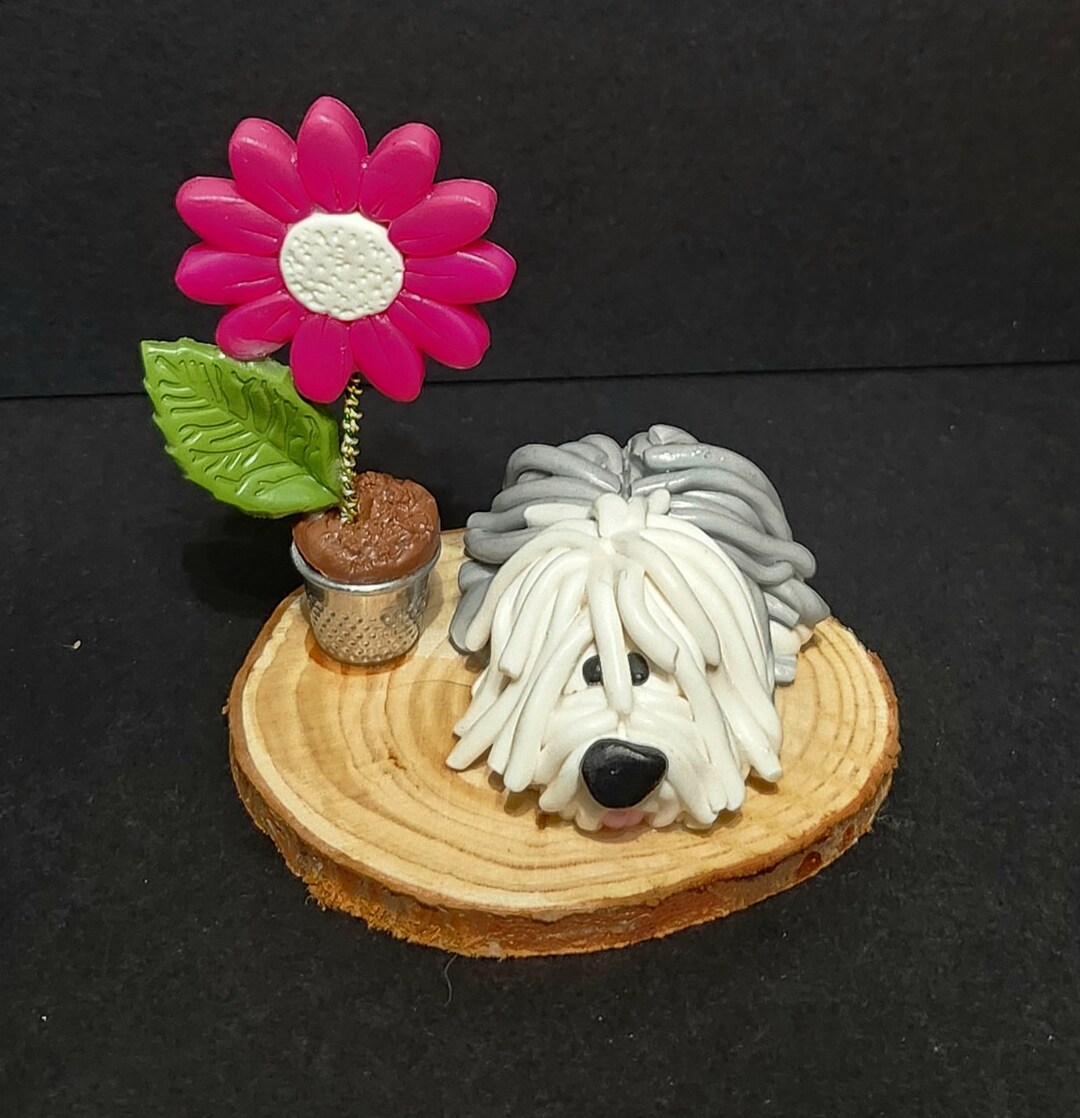 Old English Sheepdog With Thimble Pot Pink Flower Handmade Polymer Clay