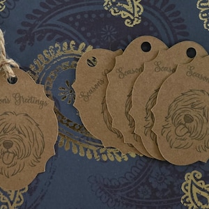 Étiquettes anciennes pour chien de berger anglais Joyeuses Fêtes – Lot de 5 étiquettes cadeaux de Noël Kraft – Étiquettes des fêtes faites main pour les amoureux des chiens – Carte recyclée