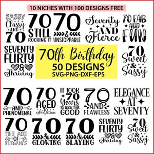 Lot de dessins SVG 70e anniversaire femmes et hommes, fichiers PNG 70e anniversaire, ensemble de 70 dessins d'anniversaire, dessins svg d'anniversaire de 70 ans