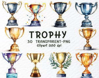 Watercolor Trophy Clipart Bundle: Golden Sports Award PNG (Digital Download)