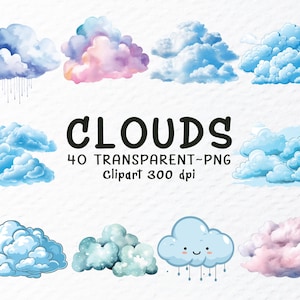 Wolken png-clipart | Aquarel wolken png-bestand, wolken sticker illustraties, lucht clipart, aquarel wolk transparant ontwerpbundel, babyshower