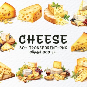 May include: Watercolor illustration of various cheese wedges and blocks, some with holes, arranged with grapes and herbs. The word "CHEESE" is displayed in large, black, handwritten-style letters, along with text indicating "30+ TRANSPARENT~PNG clipart 300 dpi."