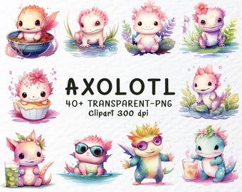Watercolor Axolotl Clipart Bundle, Sea Animal PNG (Digital Download)