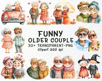 Aquarell lustige älteres Paar Clipart: glückliche Großeltern PNG Dateien (digitaler Download)