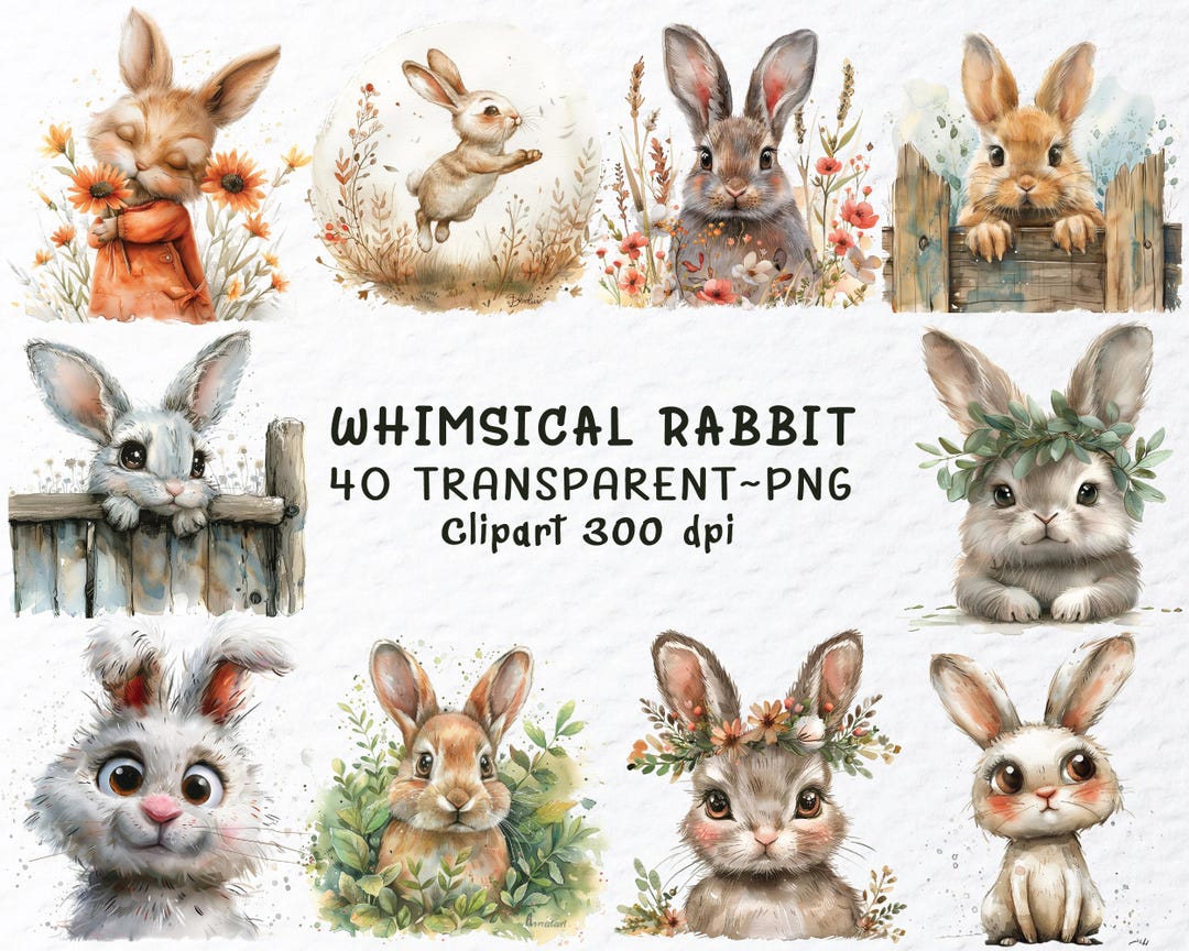 Whimsical Rabbit Clipart Png Bundle, Watercolor Easter Bunny Clip Art ...