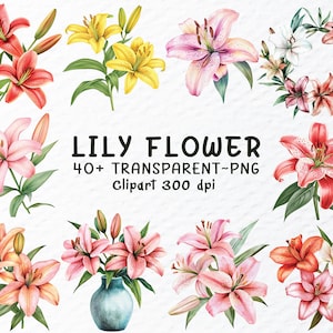 Pacote de clipart de flor de lírio em aquarela PNG, arquivos PNG de flor de lírio, clipart de flor de lírio para casamento, decalque de flor de lírio, clipart de flor transparente