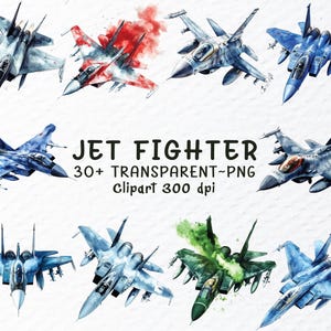 May include: A digital illustration of 30+ watercolour jet fighter planes in various colours, including blue, green, red, and grey. The planes are in flight and have detailed features, such as wings, engines, and cockpits. The image is labelled "JET FIGHTER 30+ TRANSPARENT - PNG clipart 300 dpi".