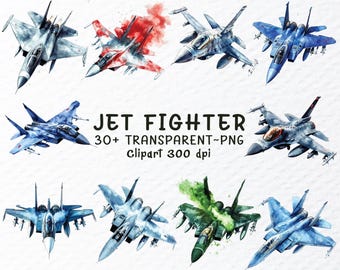 Puede incluir: Una ilustración digital de más de 30 aviones de combate a reacción de acuarela en varios colores, incluidos azul, verde, rojo y gris. Los aviones están en vuelo y tienen características detalladas, como alas, motores y cabinas. La imagen está etiquetada como "JET FIGHTER 30+ TRANSPARENT - PNG clipart 300 dpi".