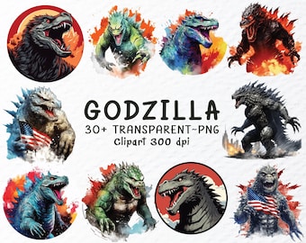 Watercolor Godzilla Clipart Bundle: Transparent PNG Files (Digital Download)