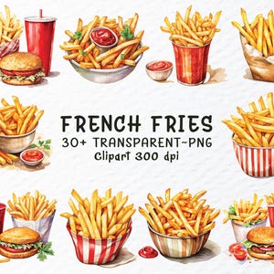 Aquarel frietjes clipartbundel, frietjes png-bestanden, voedsel clipart png, junkfood clipart, hamburger frietjes sticker transparant