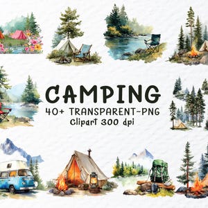 Camping Clipart Png Bundle, Watercolor Camping Png Files, Forest Adventure Clipart, Camper Png, Travel Clipart, Camping Decal Transparent