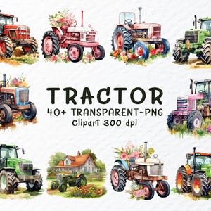 Tractor Clipart Png Bundle, Watercolor Tractor Png Files, Farm Tractor Clipart, Vintage Tractor Png, Tractor Decal, Transparent Background