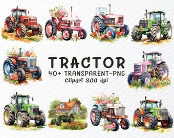 Watercolor Tractor Clipart Bundle, Farm Vehicle PNG Files (Digital Download)