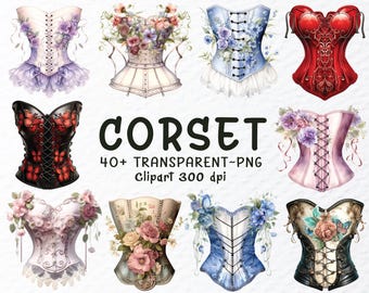 Set di clipart PNG con corsetto ad acquerello: moda floreale vittoriana (download digitale, 1024x1024px, 300 DPI)