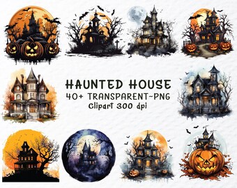 Watercolor Haunted House Clipart PNG Bundle: Halloween Spooky Decal (Digital Download)