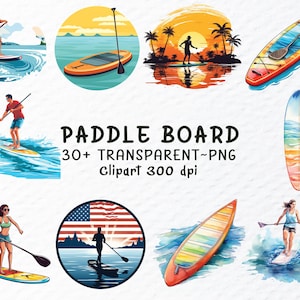 Paddel Brett Png Clipart Bundle | Aquarell Paddle Board Png-Dateien | See Leben, Sommer Clipart, Paddle Board Aufkleber, Transparent Clipart