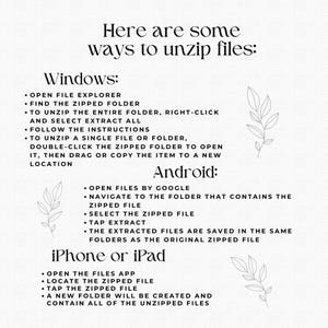 K&ouml;nnte beinhalten: Ein wei&szlig;er Hintergrund mit schwarzem Text, der erkl&auml;rt, wie man Dateien auf Windows, Android und iPhone oder iPad entpackt.