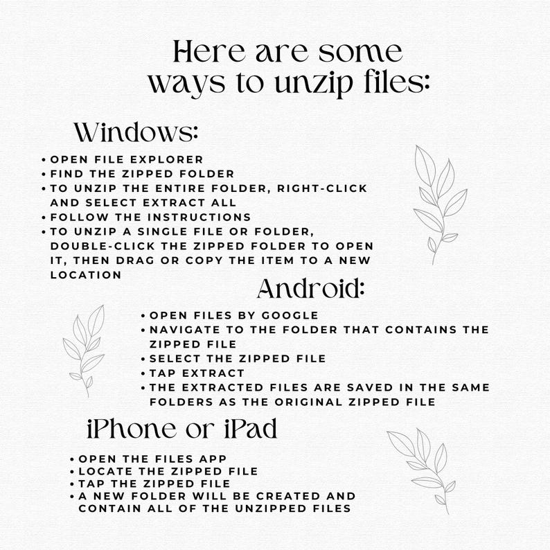 K&ouml;nnte beinhalten: Ein wei&szlig;er Hintergrund mit schwarzem Text, der erkl&auml;rt, wie man Dateien auf Windows, Android und iPhone oder iPad entpackt.