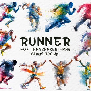 Puede incluir: Ilustraciones en acuarela de corredores en movimiento, representados en varios colores, incluyendo azul, rojo y amarillo. La palabra "RUNNER" se muestra en letras negras grandes, junto con texto que indica 40+ clipart PNG transparentes a 300 dpi.