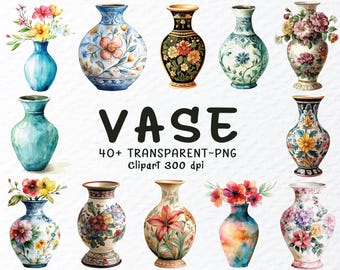 May include: A collection of watercolor-style vases in various shapes and sizes, each adorned with floral designs. The vases are in shades of blue, green, and cream, with some featuring bouquets of colorful flowers. The word "VASE" is displayed in large black letters.