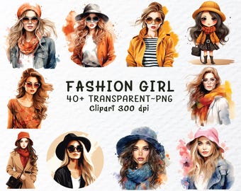 Watercolor Fashion Girl Clipart, PNG Bundle (Digital Download)