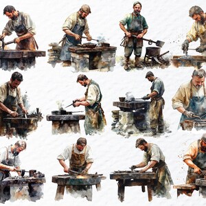Blacksmith Png Clipart Bundle, Watercolor Blacksmith Png Files, Metal Worker Clipart, Medieval Clipart, Blacksmith Decal Transparent Clipart