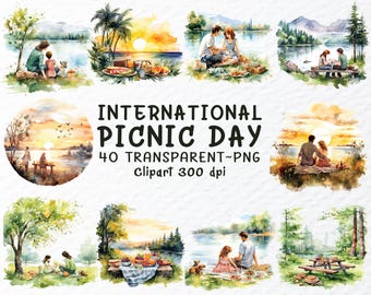 Watercolor Picnic Clipart Bundle: Transparent PNG Files (Digital Download, 1024x1024px, 300 DPI)