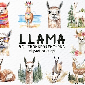 Llama Png Clipart Bundle, Watercolor Llama Png Files, Alpaca Llama Clipart, Farm Animal Clipart Png, Llama Decal, Transparent Animal Clipart