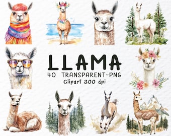 Akvarell Lama PNG Clipart-paket: Grafik för gårdsdjur (digital nedladdning)