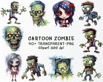 Watercolor Cartoon Zombie Clipart PNG Bundle (Digital Download)