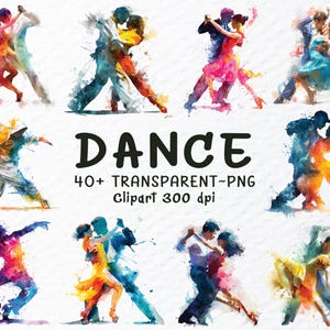 Peut inclure: Ensemble de cliparts aquarelle représentant des couples dansant dans diverses poses. Les danseurs sont représentés dans des couleurs vives, avec des éclaboussures de peinture créant un effet dynamique. Le mot "DANCE" est affiché en grandes lettres noires, avec du texte supplémentaire.