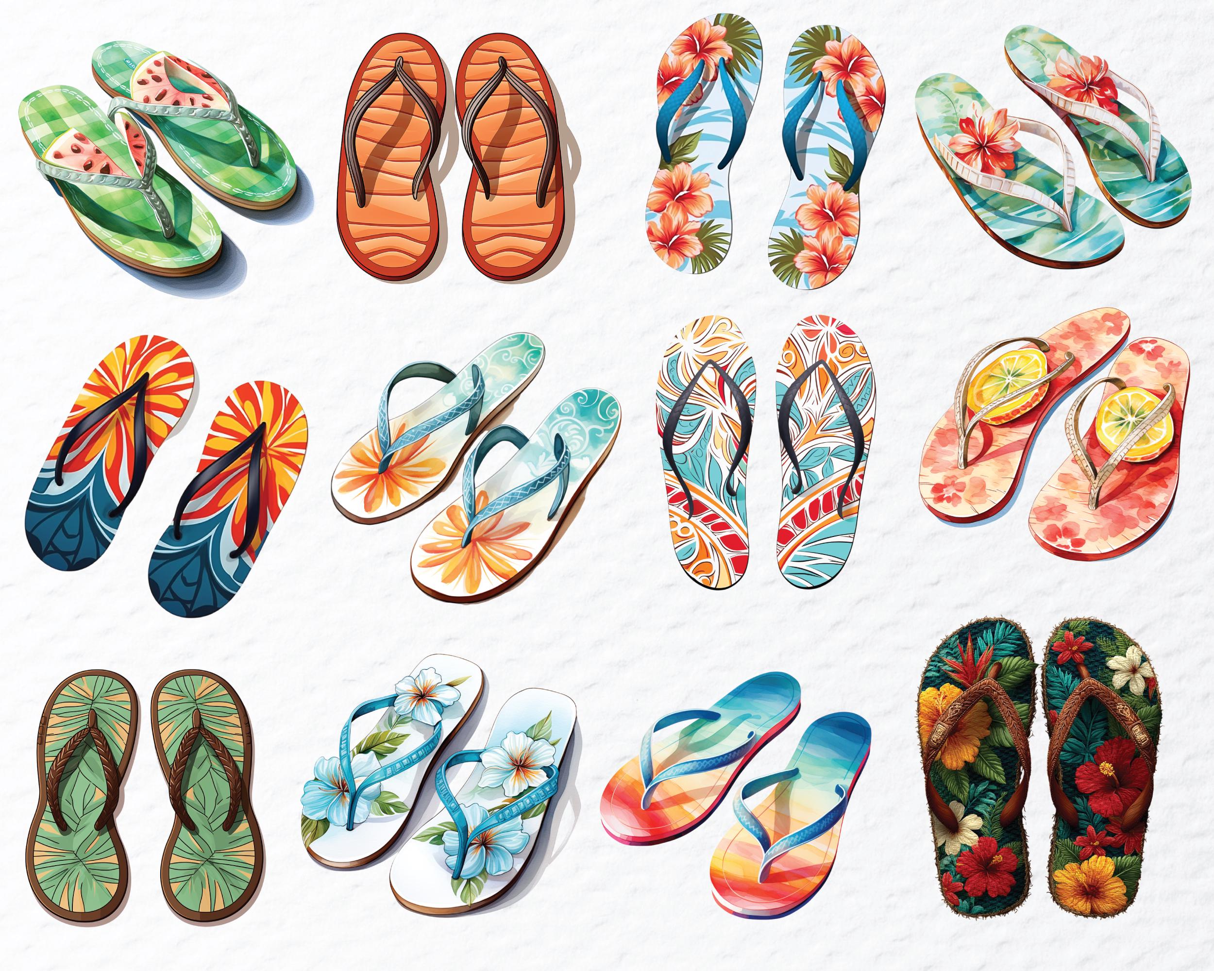 Watercolor Flip Flops Clipart: Summer Beach Shoes PNG Bundle (digital ...