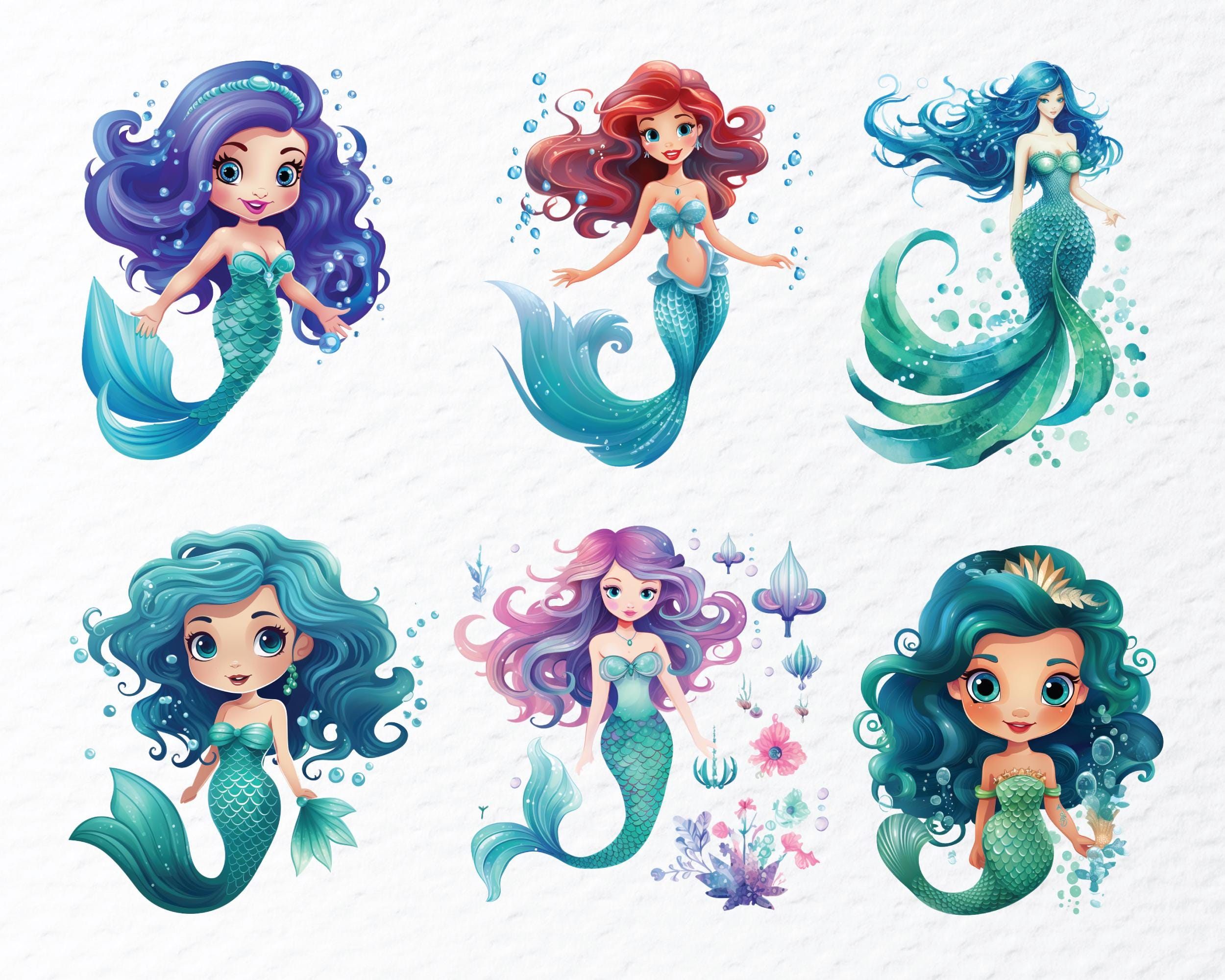 Watercolor Mermaid Clipart Bundle | Sea Life PNG (digital Download) - Etsy