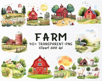 Watercolor Farm Clipart Bundle: Farm Animal & Landscape PNG Files (Digital Download)