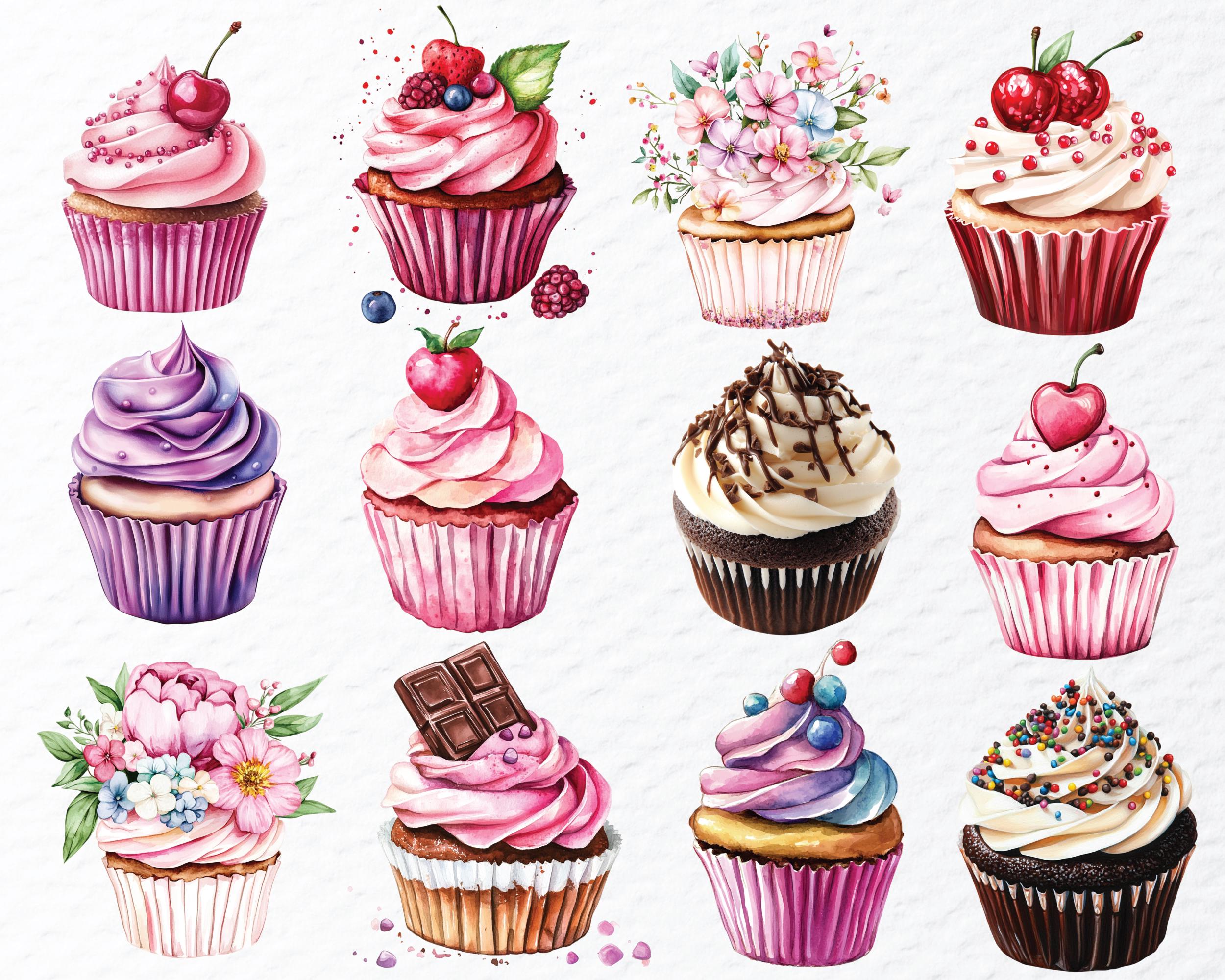 Watercolor Cupcake PNG Clipart Bundle: Birthday Dessert Graphics ...