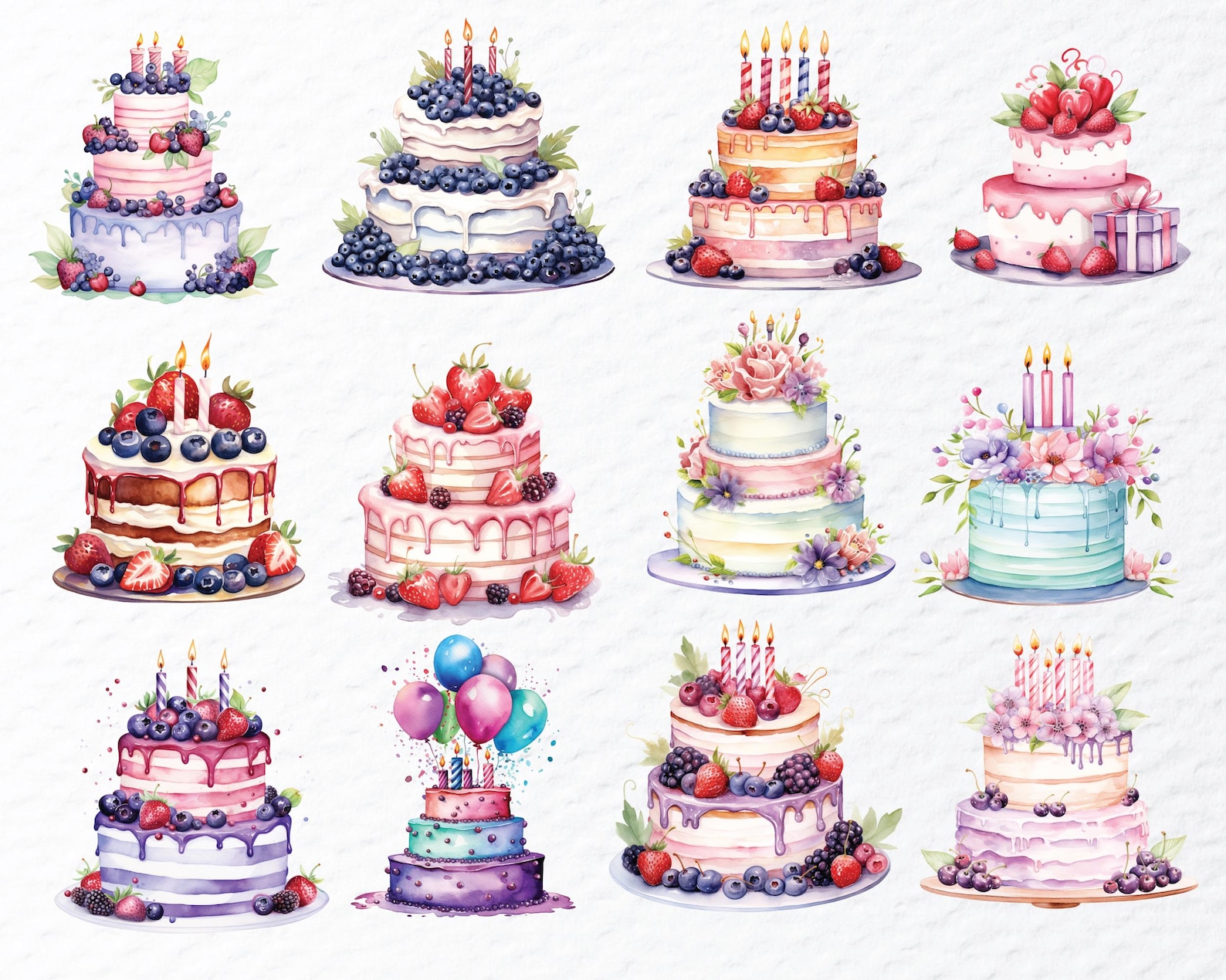 Watercolor Birthday Cake Clipart PNG Bundle: Transparent Decals ...