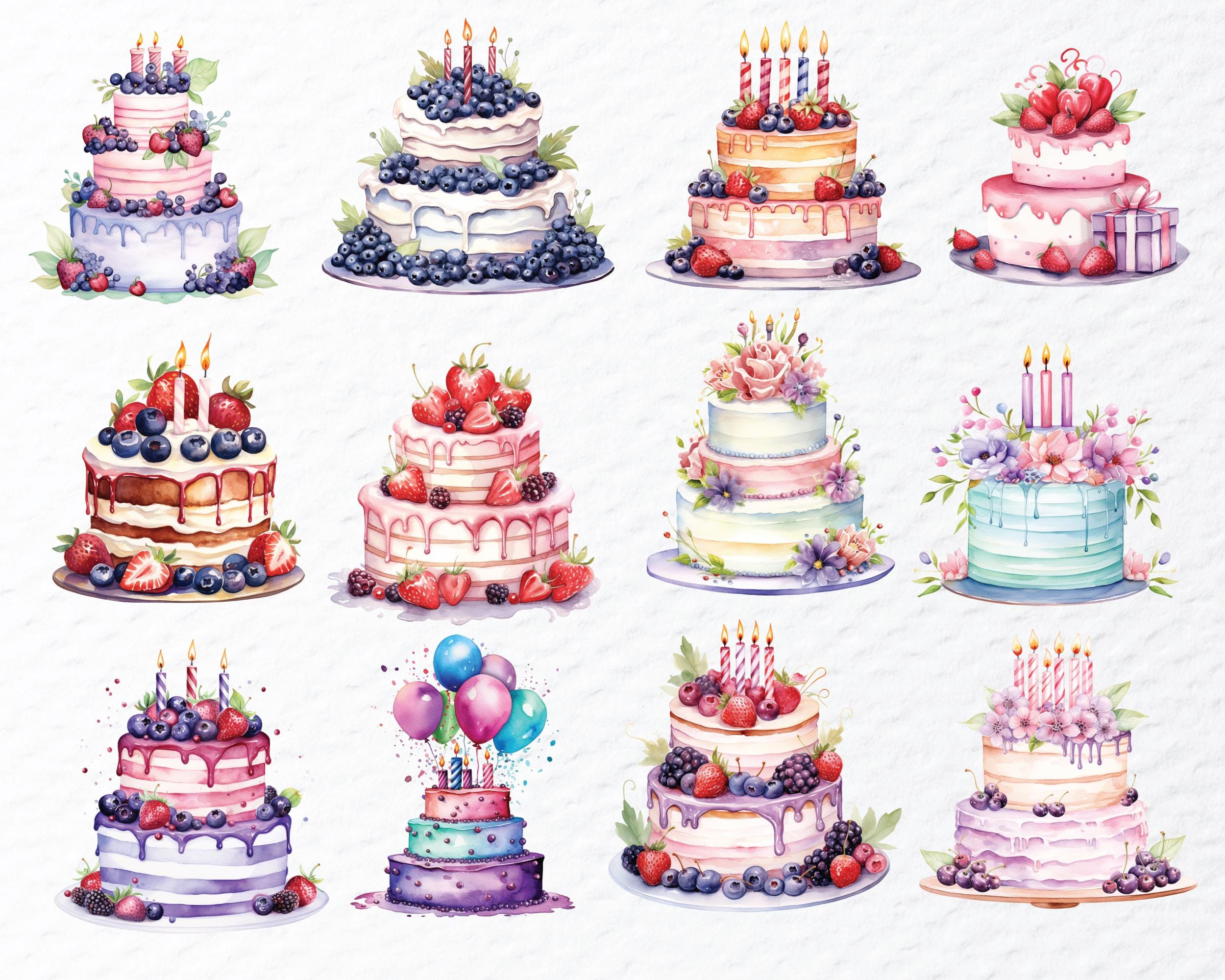 Watercolor Birthday Cake Clipart PNG Bundle: Transparent Decals ...