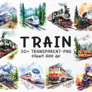 Watercolor Train Png Clipart Bundle | Train Png Files, Vintage Steam Train, Decal Transparent Sublimation, Railroad Clipart, Railway Clipart