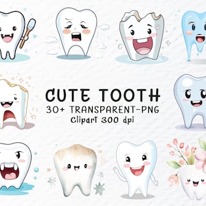 Cute Tooth Png Clipart Bundle | Watercolor Cute Tooth Png Files, Tooth Cartoon Png for Kids, Cute Tooth Decal, Transparent Tooth Clipart Png
