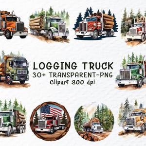 Lot de cliparts PNG pour camion forestier | Fichiers PNG de camions forestiers | Clipart de camions de camion de bois de construction | Véhicule PNG | Sticker camion transparent