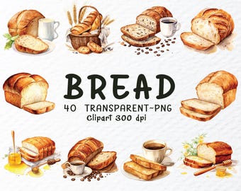 Könnte beinhalten: Aquarellillustrationen verschiedener Brotsorten, darunter Brotlaibe und geschnittenes Brot, mit Kaffee, Honig und Weizen. Das Wort "BREAD" wird angezeigt, zusammen mit Text, der 40 transparente PNG-Cliparts bei 300 dpi angibt.