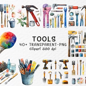 Könnte beinhalten: Aquarellillustration verschiedener Werkzeuge, darunter Hämmer, Schraubenschlüssel, Zangen und Pinsel. Das Bild zeigt auch einen großen Pinsel mit einem farbenfrohen, regenbogenartigen Design und dem Text "TOOLS 40+ TRANSPARENT~PNG Clipart 300 dpi."
