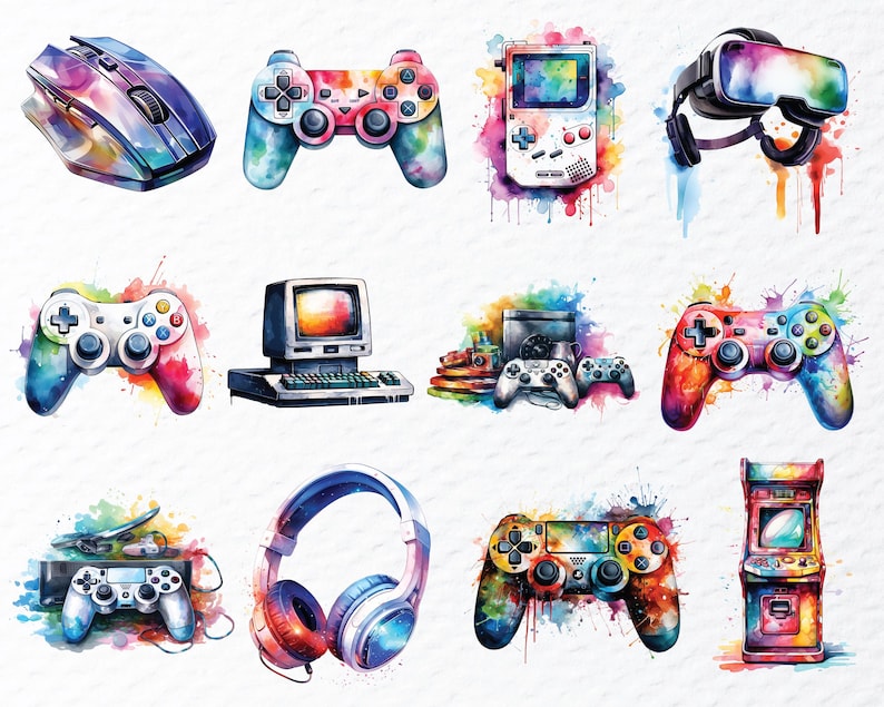 Watercolor Video Game Clipart Bundle: Gaming Controller PNG (digital ...