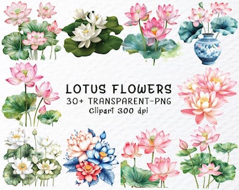 Watercolor Lotus Flower Clipart Bundle (PNG Files)