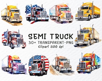 Watercolor Semi Truck PNG Clipart Bundle (1024x1024px, 300 DPI)