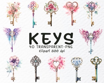Watercolor Keys Clipart Bundle: Floral, Vintage, Antique (PNG Files, Digital Download, 1024x1024px, 300 DPI )