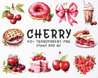 Paquete de imágenes prediseñadas de cerezas en acuarela: lazos de frutas y postres (archivos PNG, descarga digital)