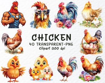 Clipartbundel aquarel kip: boerderijdieren png-bestanden (digitale download)
