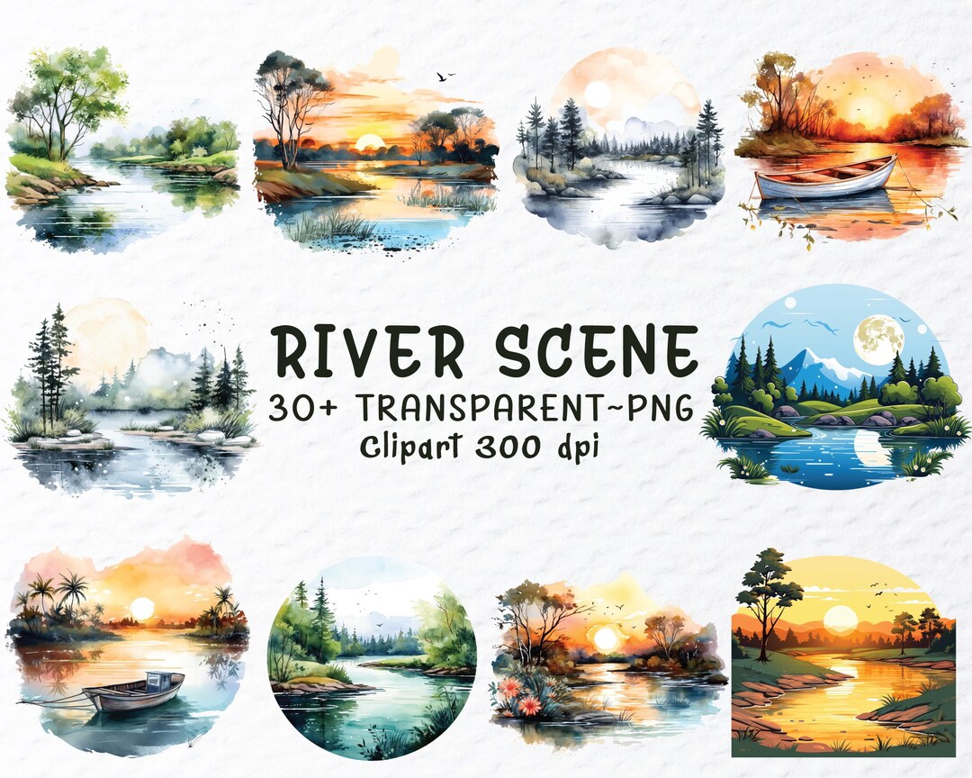 Watercolor River Scene Clipart Bundle: Sunset Forest (PNG Files