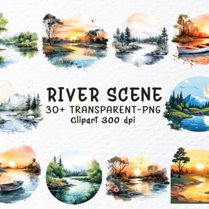 Paquete de imágenes prediseñadas de escena de río en acuarela: Bosque al atardecer (archivos PNG, 1024 x 1024 px) (descarga digital)